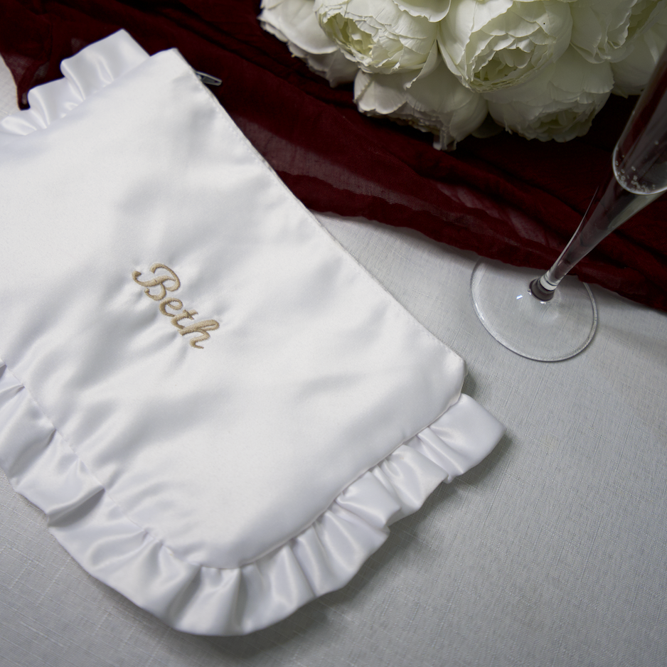 EMBROIDERED NAME WHITE SATIN RUFFLE MINI CLUTCH BAG