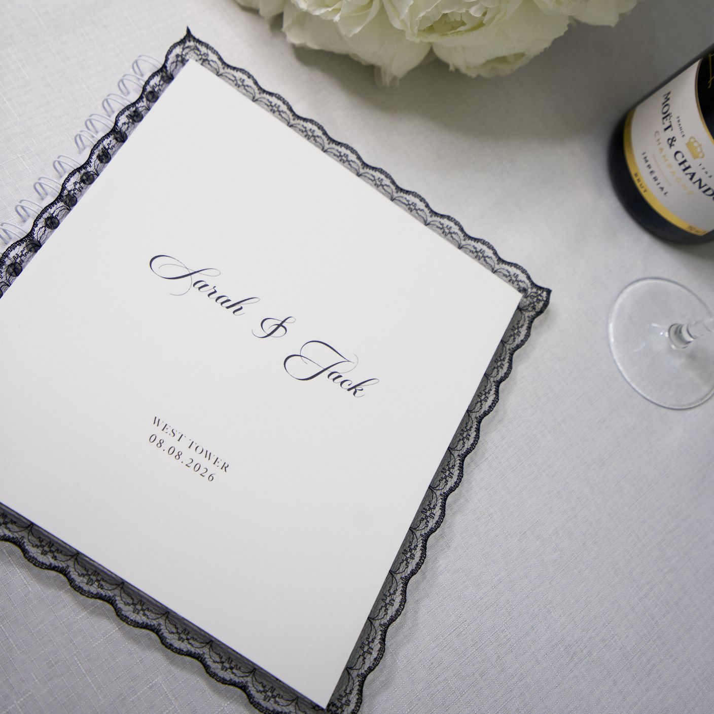 WEDDING GUEST BOOK WITH BLACK LACE TRIM