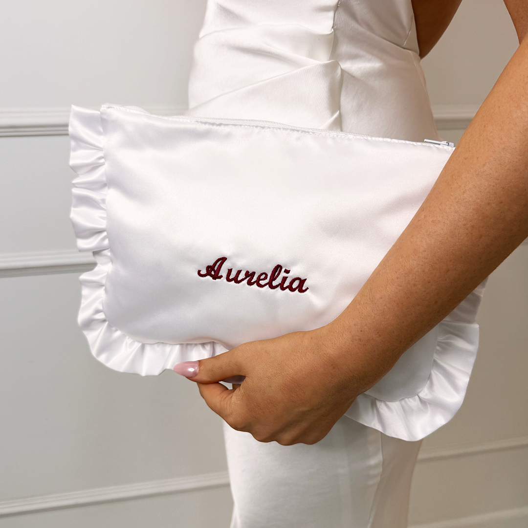 EMBROIDERED NAME WHITE SATIN RUFFLE LARGE CLUTCH BAG