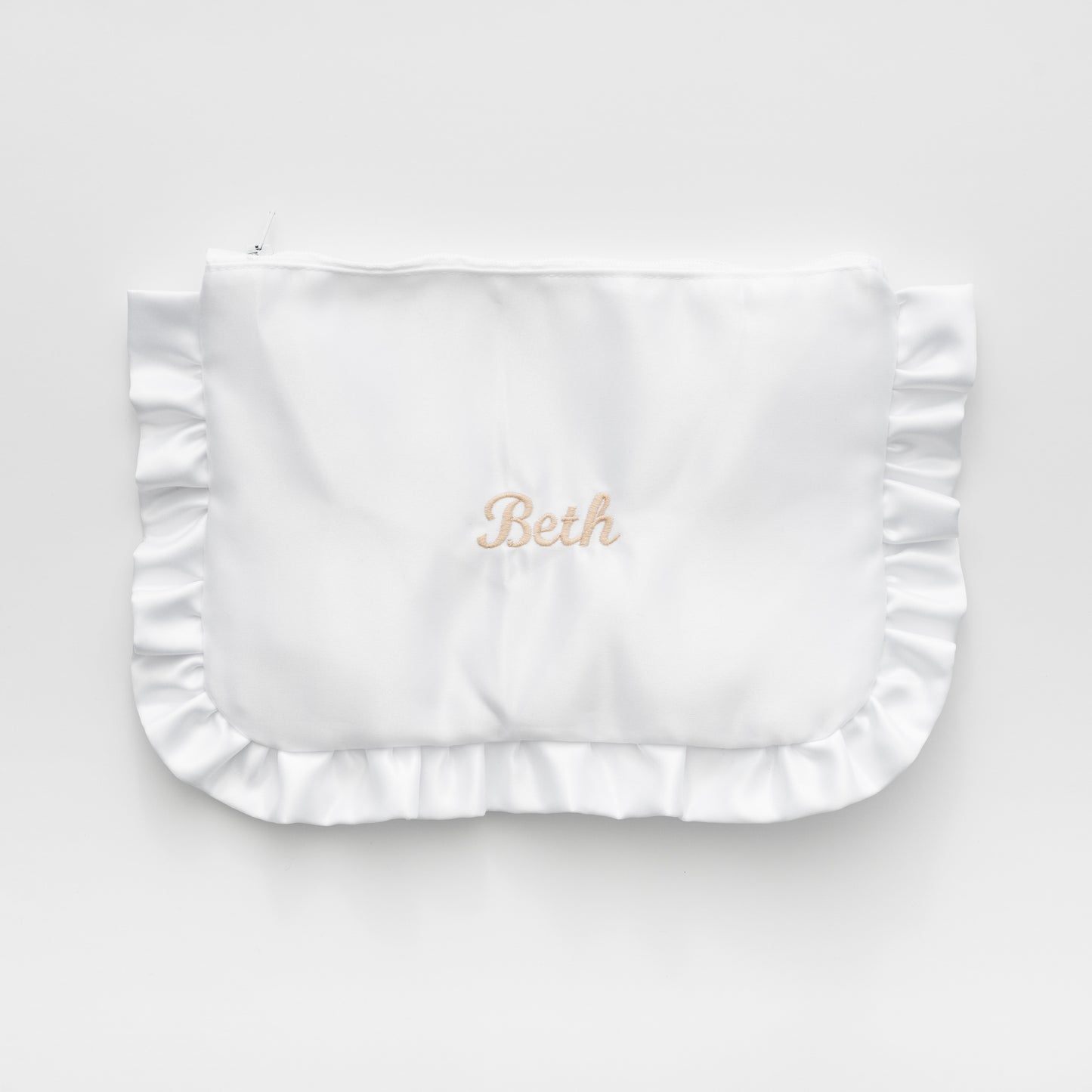 EMBROIDERED NAME WHITE SATIN RUFFLE MINI CLUTCH BAG