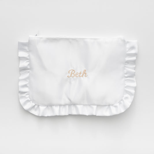 EMBROIDERED NAME WHITE SATIN RUFFLE MINI CLUTCH BAG