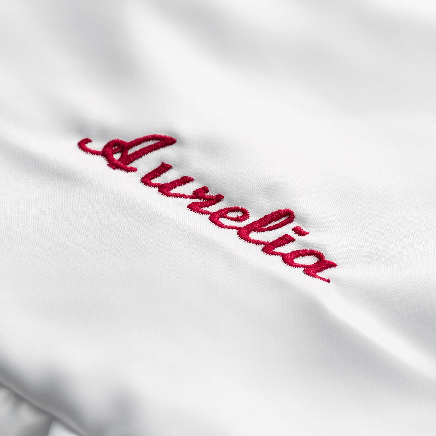 EMBROIDERED NAME WHITE SATIN RUFFLE LARGE CLUTCH BAG