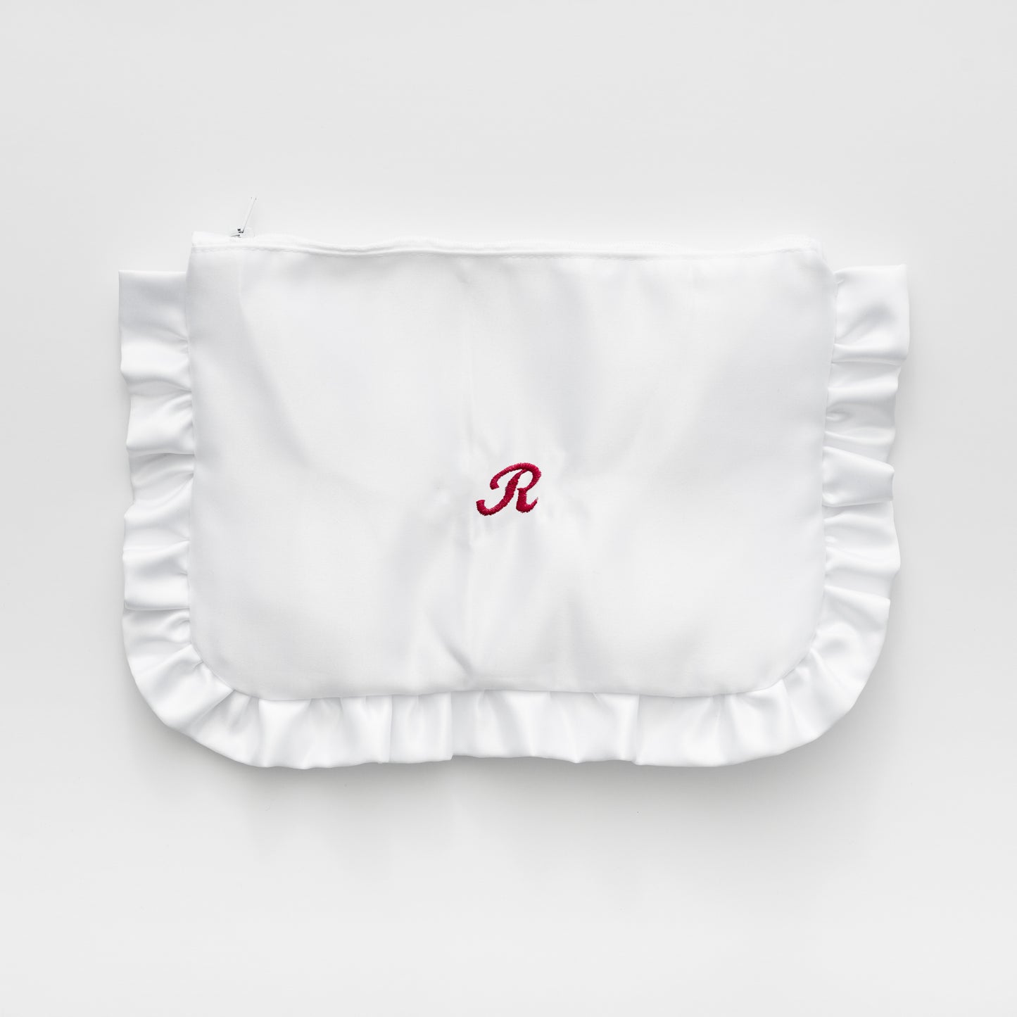 EMBROIDERED INITIAL WHITE SATIN RUFFLE MINI CLUTCH BAG
