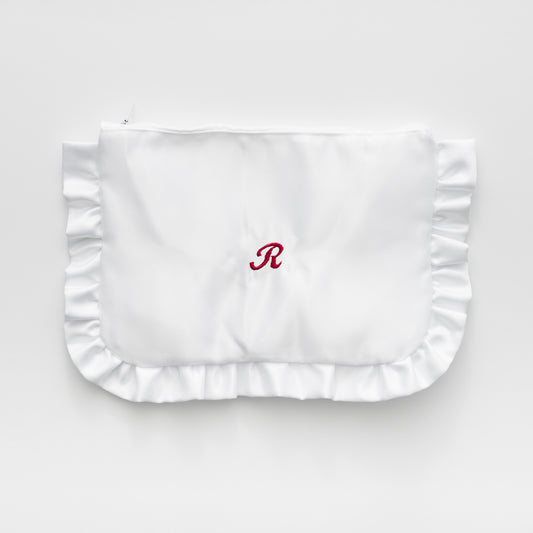 EMBROIDERED INITIAL WHITE SATIN RUFFLE MINI CLUTCH BAG