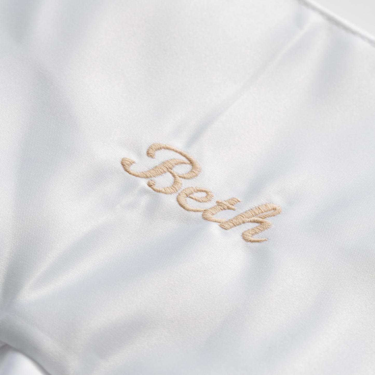 EMBROIDERED NAME WHITE SATIN RUFFLE MINI CLUTCH BAG