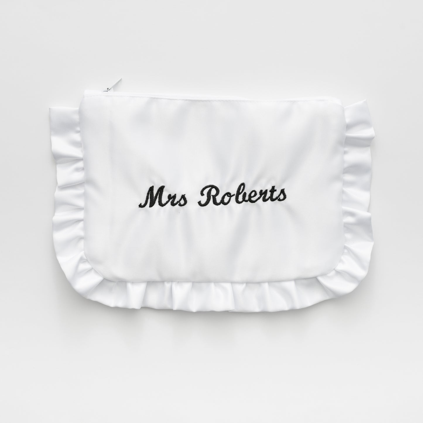 EMBROIDERED MRS WHITE SATIN RUFFLE MINI CLUTCH BAG