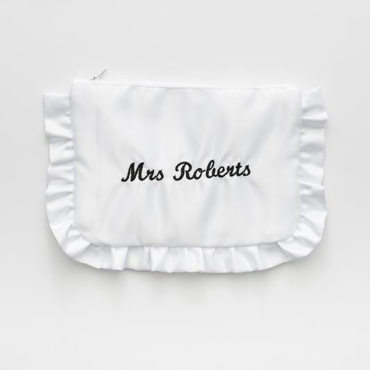 EMBROIDERED MRS WHITE SATIN RUFFLE MINI CLUTCH BAG