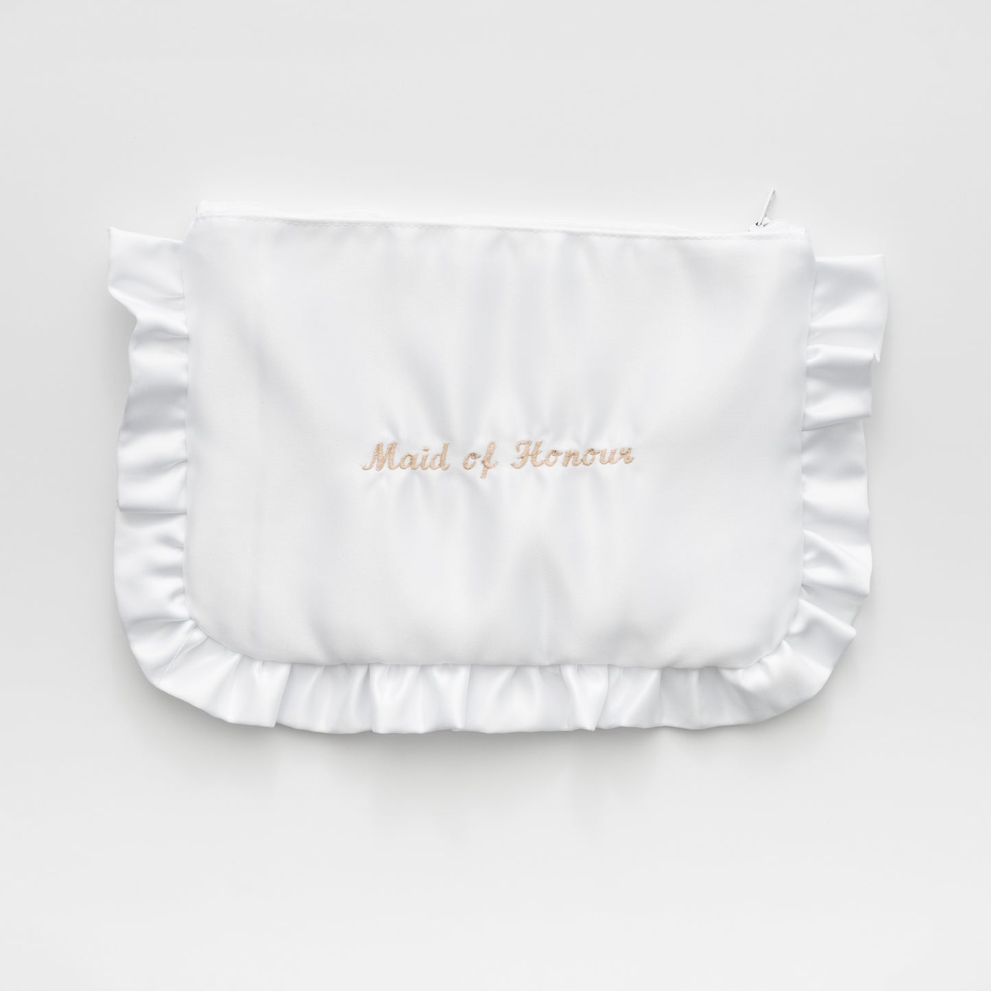 EMBROIDERED MAID OF HONOUR WHITE SATIN RUFFLE MINI CLUTCH BAG