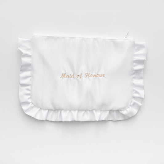 EMBROIDERED MAID OF HONOUR WHITE SATIN RUFFLE MINI CLUTCH BAG