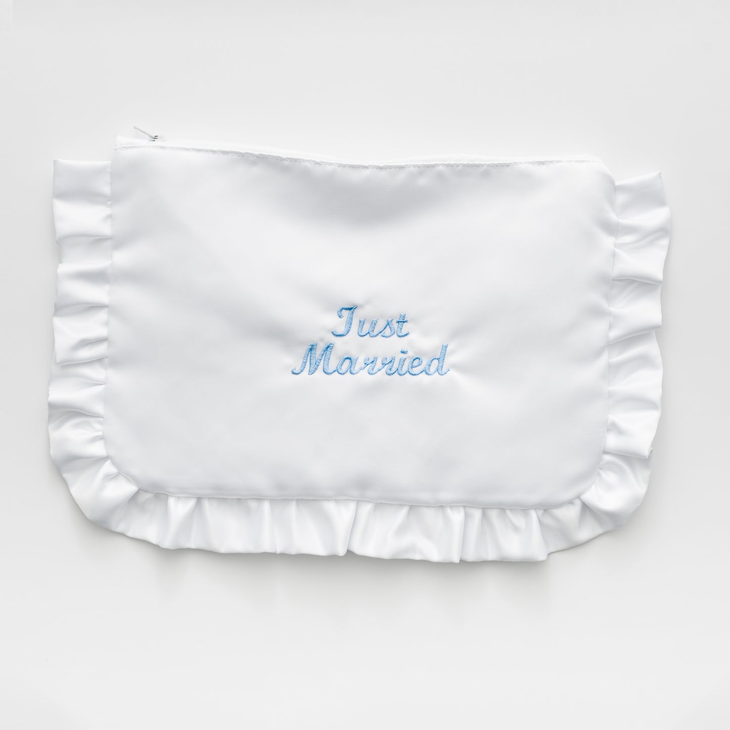 EMBROIDERED JUST MARRIED WHITE SATIN RUFFLE LARGE CLUTCH BAG