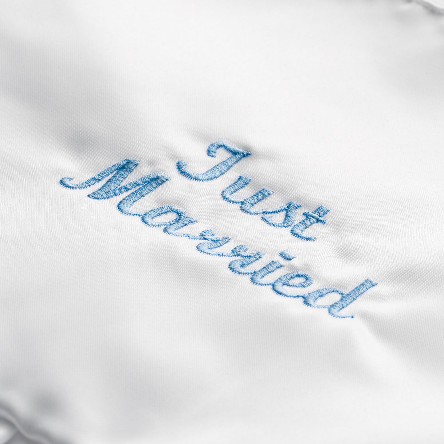 EMBROIDERED JUST MARRIED WHITE SATIN RUFFLE LARGE CLUTCH BAG