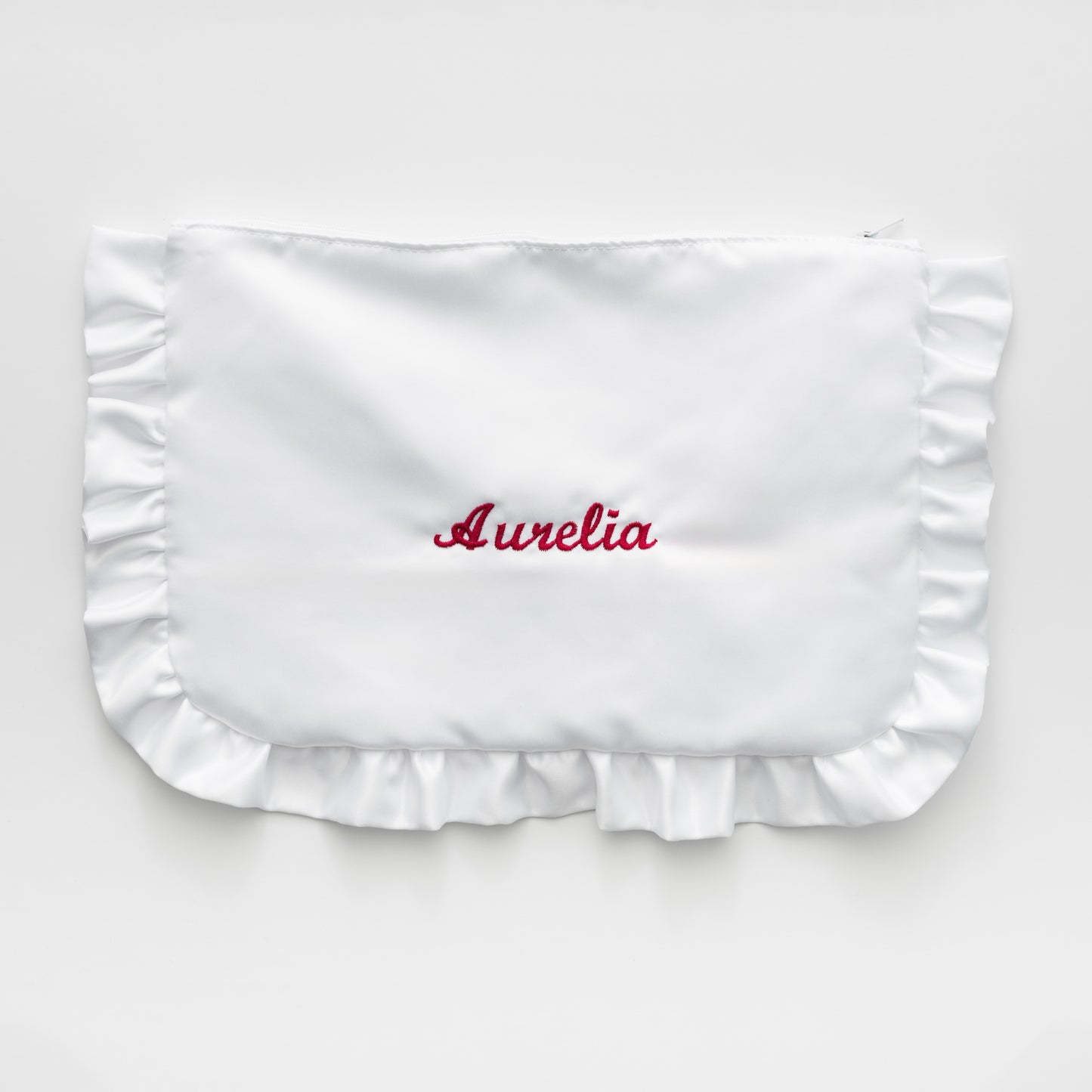 EMBROIDERED NAME WHITE SATIN RUFFLE LARGE CLUTCH BAG