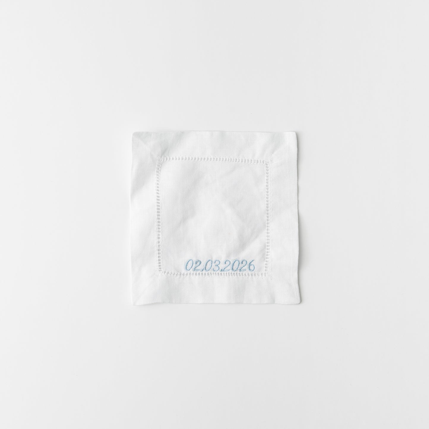 EMBROIDERED WEDDING DATE WHITE COCKTAIL NAPKIN