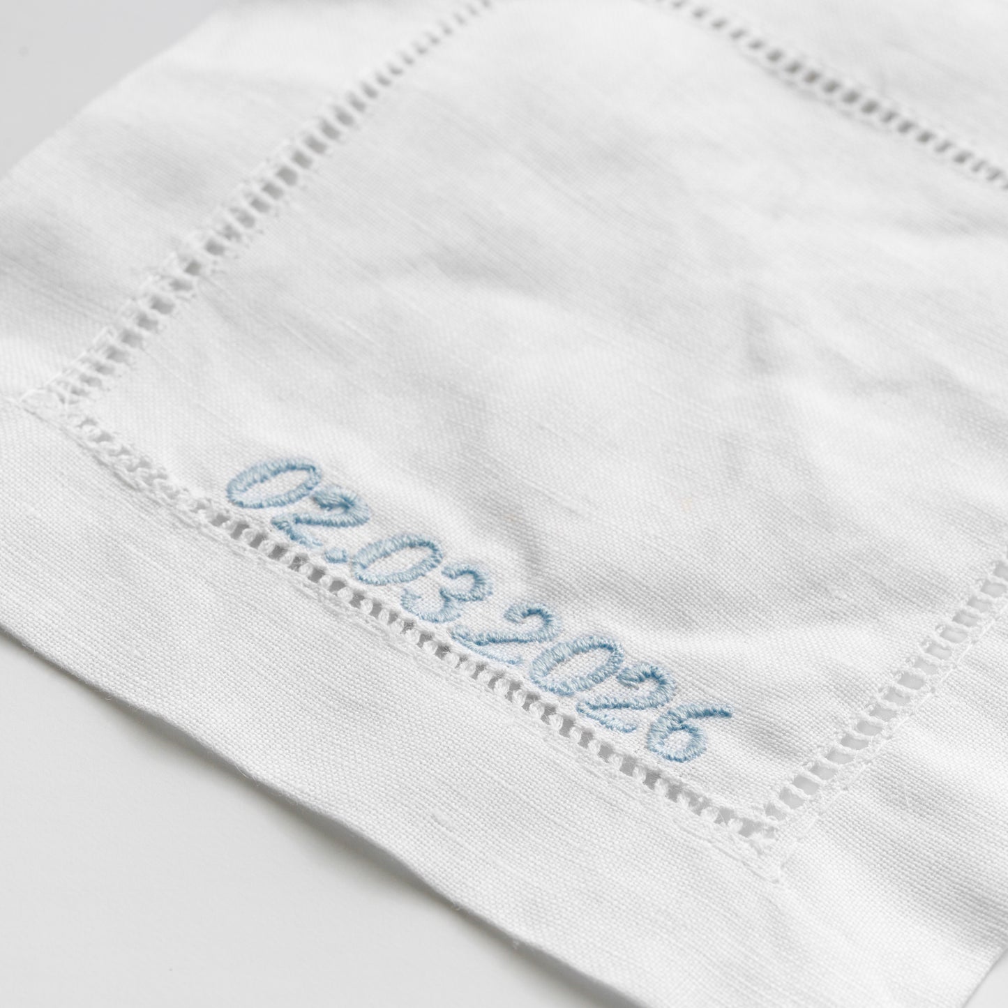 EMBROIDERED WEDDING DATE WHITE COCKTAIL NAPKIN
