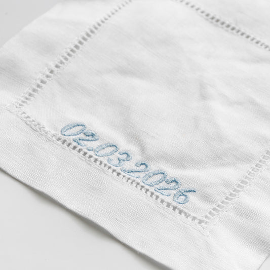 EMBROIDERED WEDDING DATE WHITE COCKTAIL NAPKIN