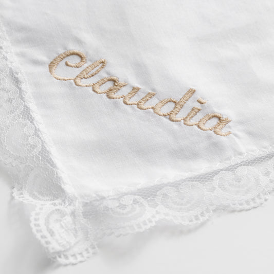 EMBROIDERED NAME WHITE LACE NAPKIN