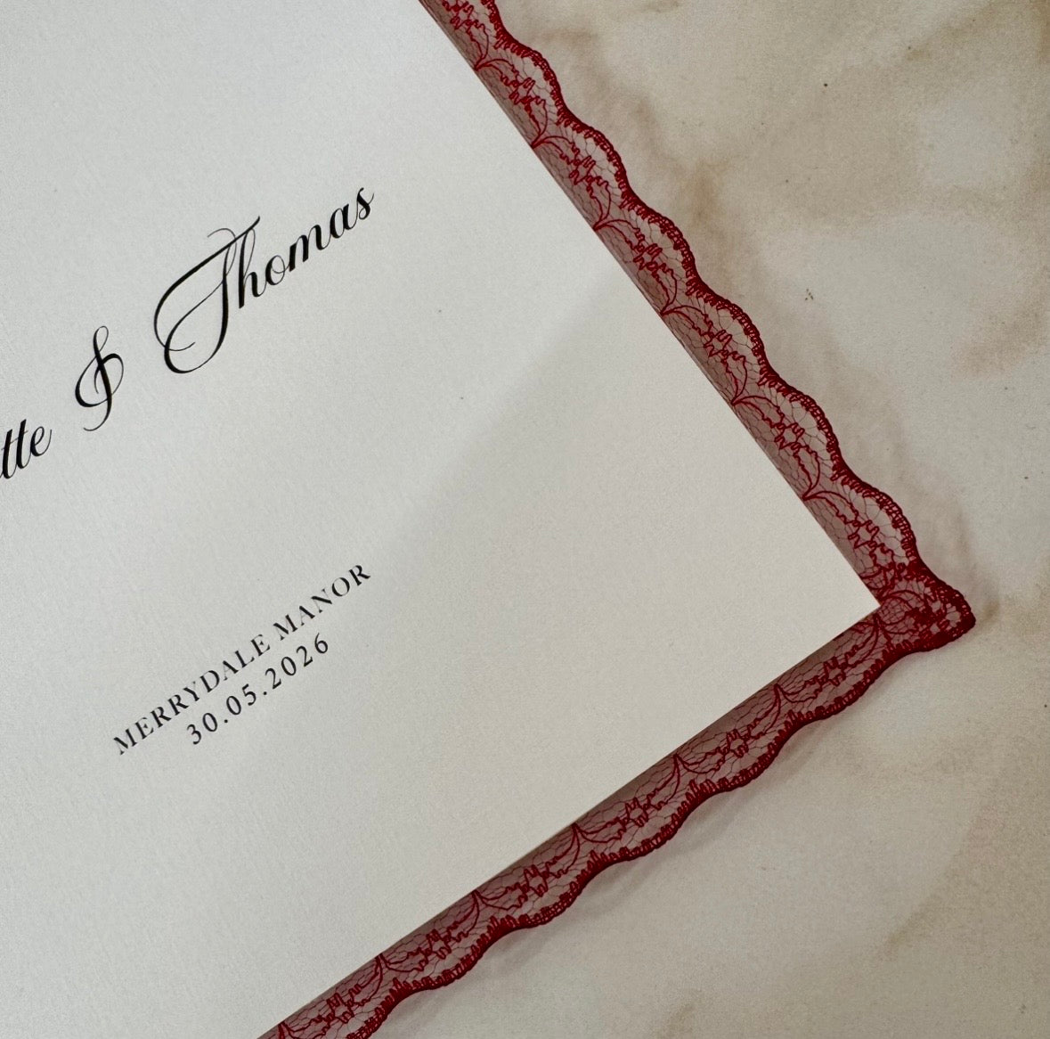 WEDDING GUEST BOOK WITH BURGUNDY LACE TRIM