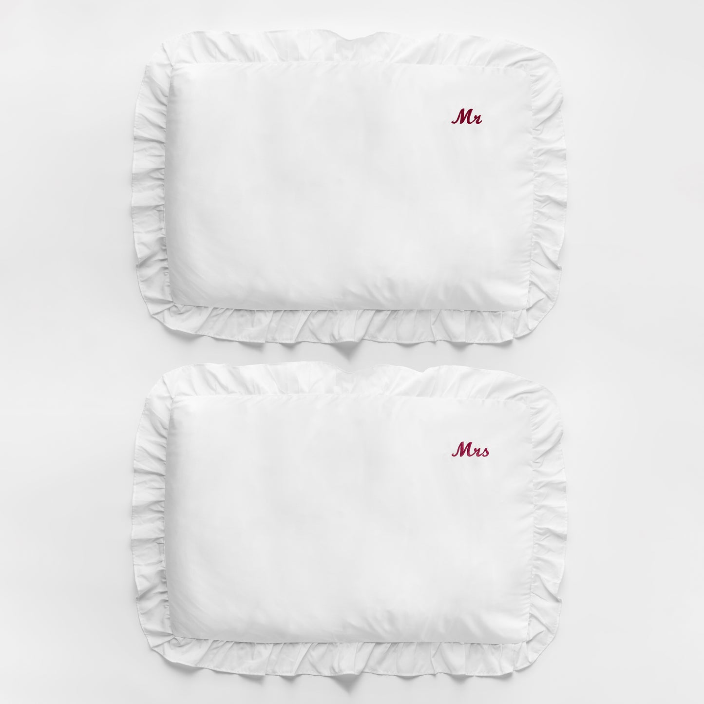 EMBROIDERED MR & MRS RUFFLE PILLOWCASE SET
