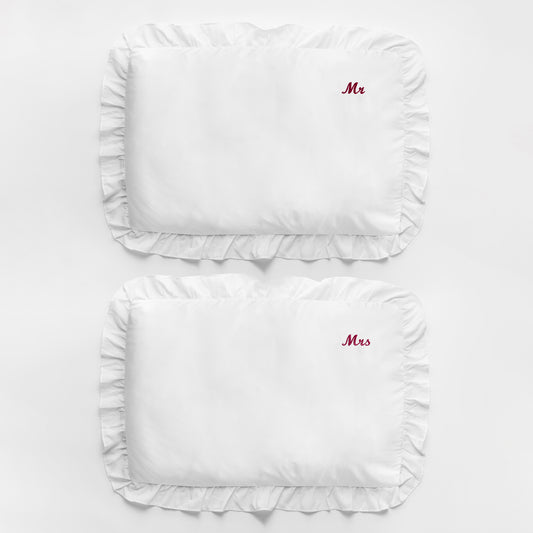 EMBROIDERED MR & MRS RUFFLE PILLOWCASE SET