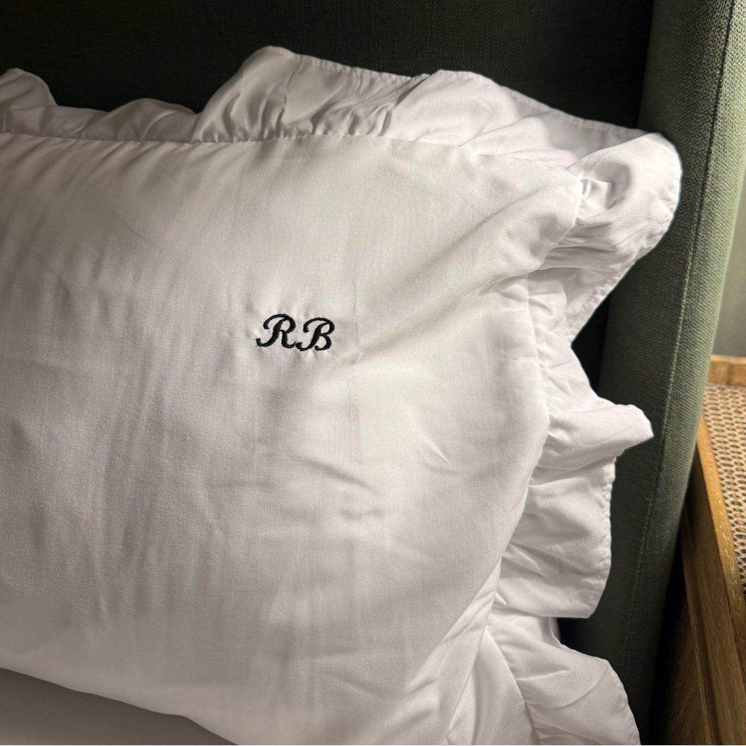 EMBROIDERED INITIALS RUFFLE PILLOWCASE