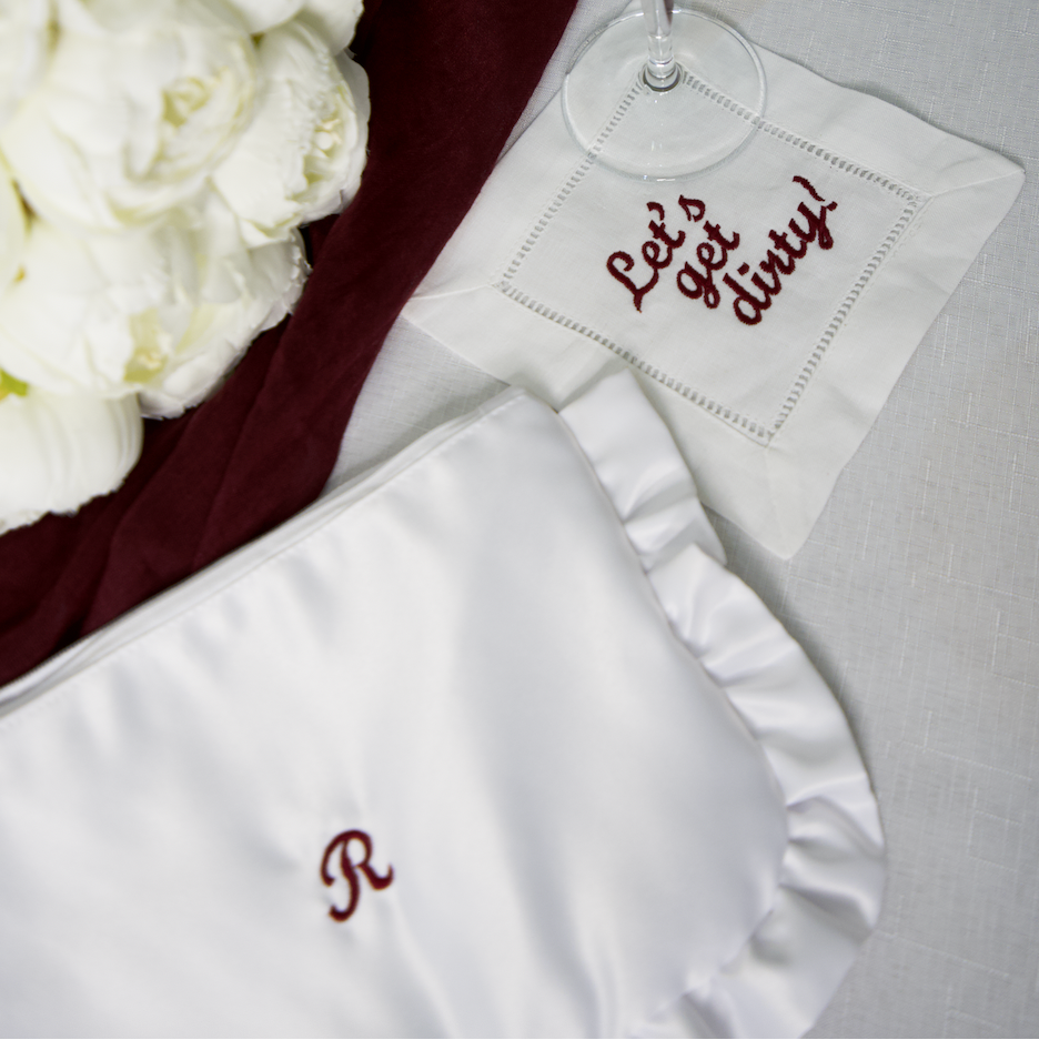 EMBROIDERED INITIAL WHITE SATIN RUFFLE MINI CLUTCH BAG