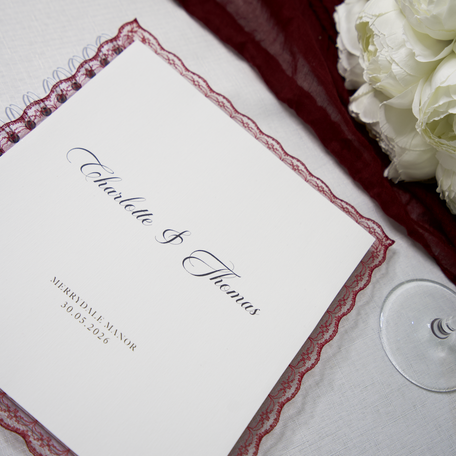 WEDDING GUEST BOOK WITH BURGUNDY LACE TRIM