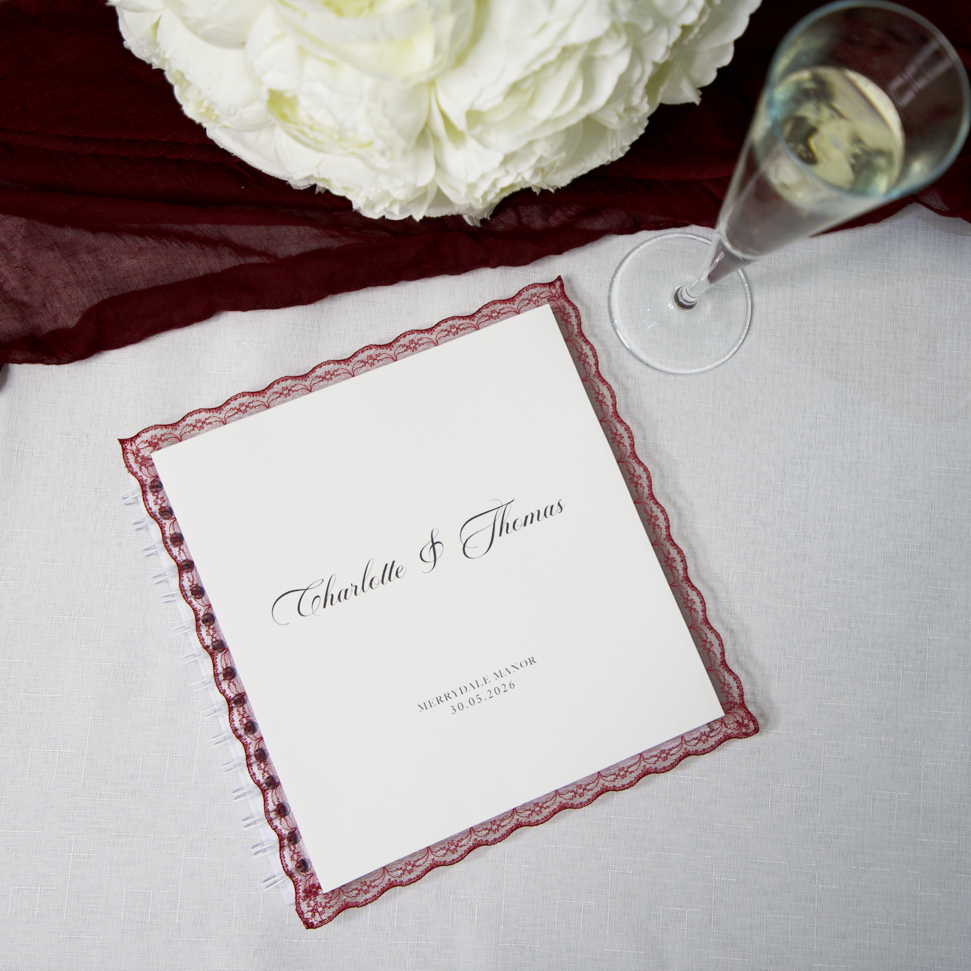 WEDDING GUEST BOOK WITH BURGUNDY LACE TRIM