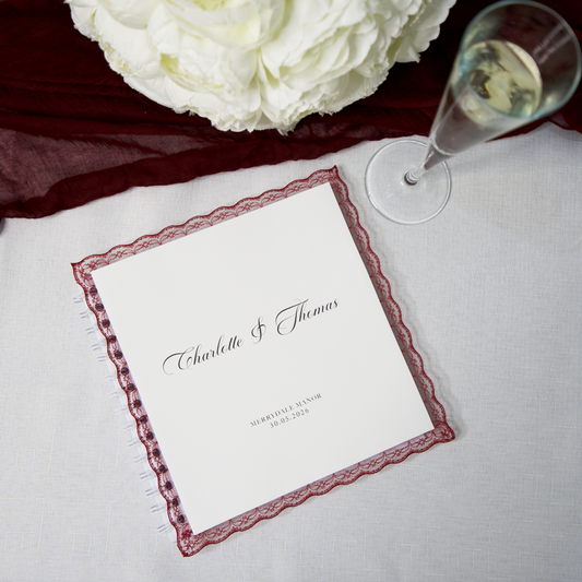 WEDDING GUEST BOOK WITH BURGUNDY LACE TRIM