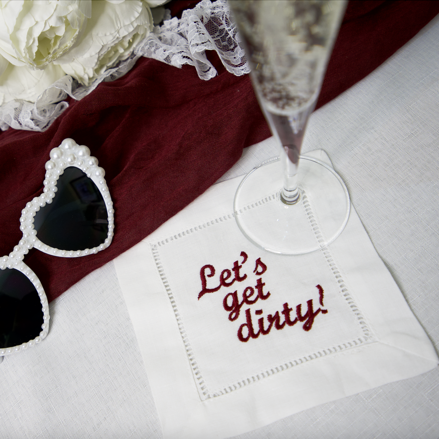 EMBROIDERED LET'S GET DIRTY COCKTAIL NAPKIN