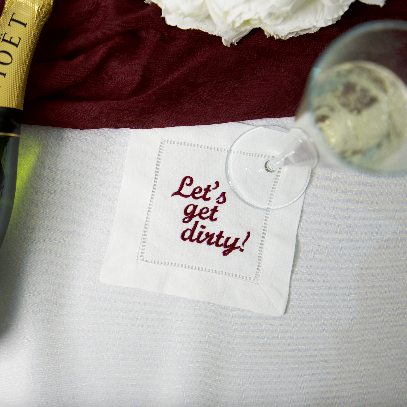EMBROIDERED LET'S GET DIRTY COCKTAIL NAPKIN