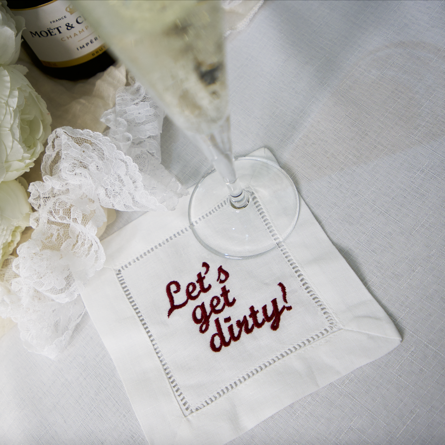 EMBROIDERED LET'S GET DIRTY COCKTAIL NAPKIN