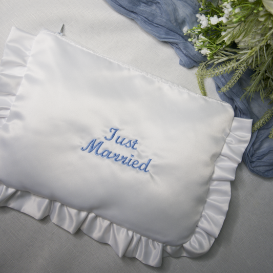 EMBROIDERED JUST MARRIED WHITE SATIN RUFFLE LARGE CLUTCH BAG