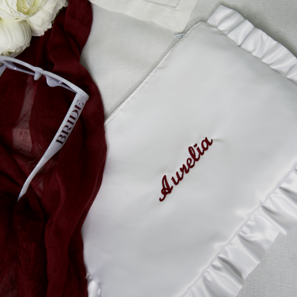 EMBROIDERED NAME WHITE SATIN RUFFLE LARGE CLUTCH BAG