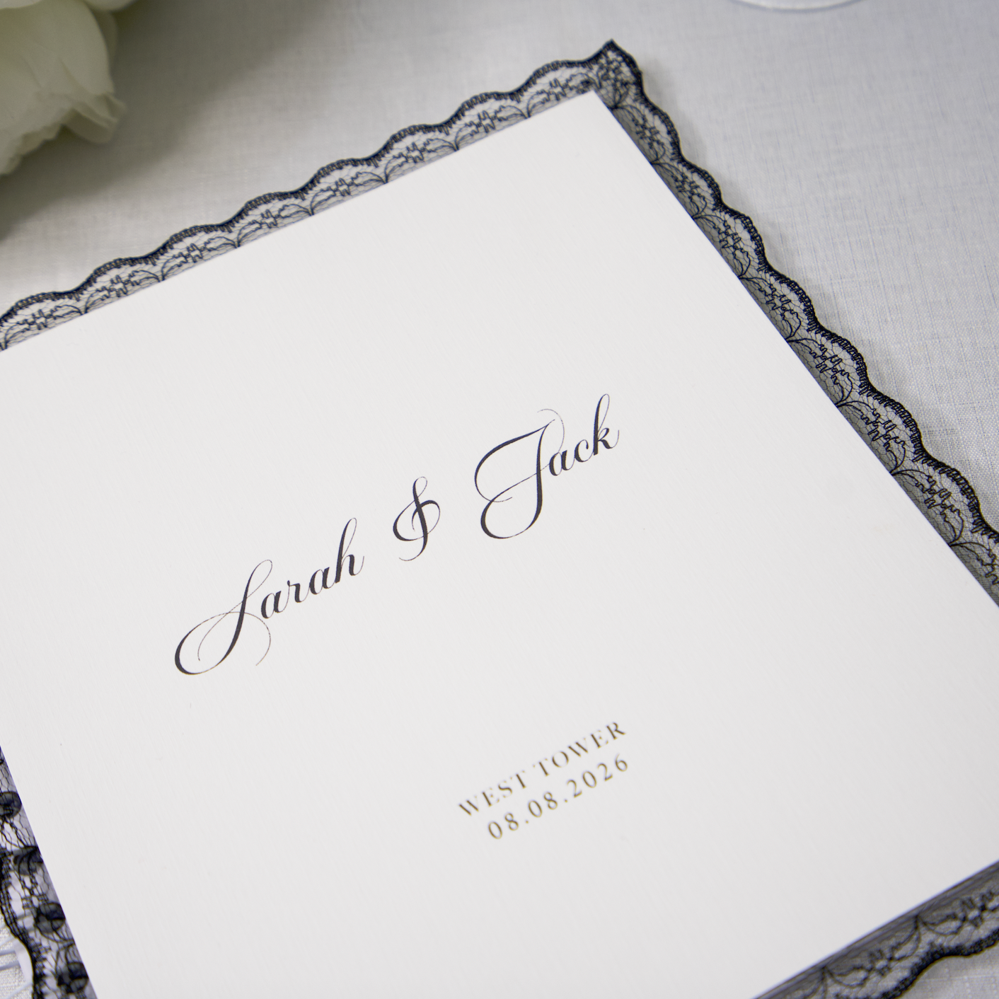 WEDDING GUEST BOOK WITH BLACK LACE TRIM