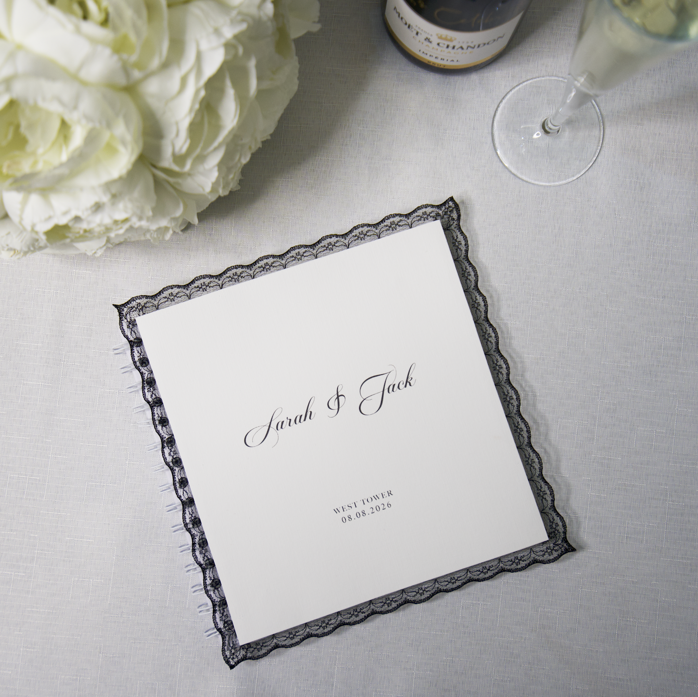 WEDDING GUEST BOOK WITH BLACK LACE TRIM