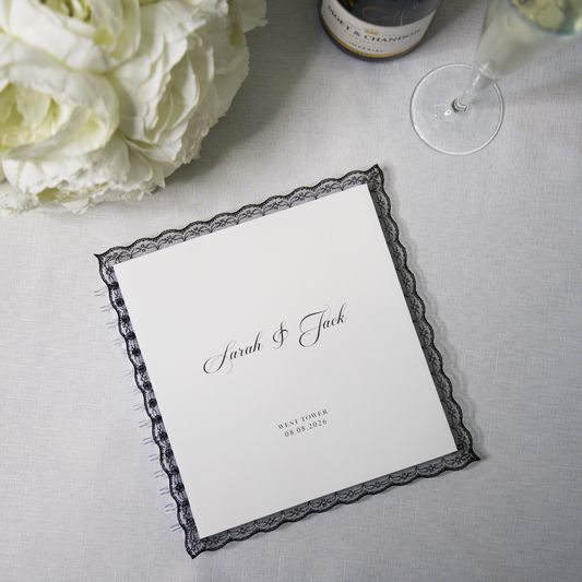 WEDDING GUEST BOOK WITH BLACK LACE TRIM